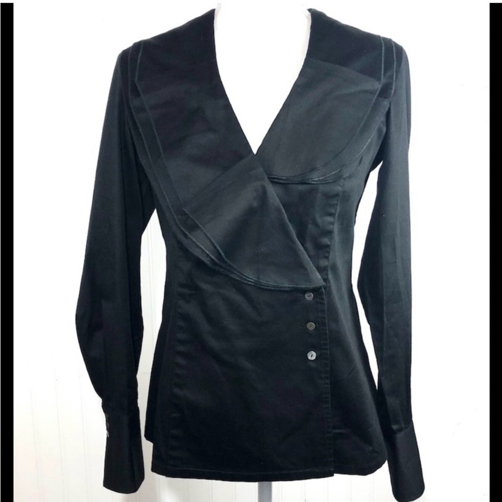 Black Whimsy Goth Victorian Inspired Button Up Shirt Wide Asymmetrical Collar